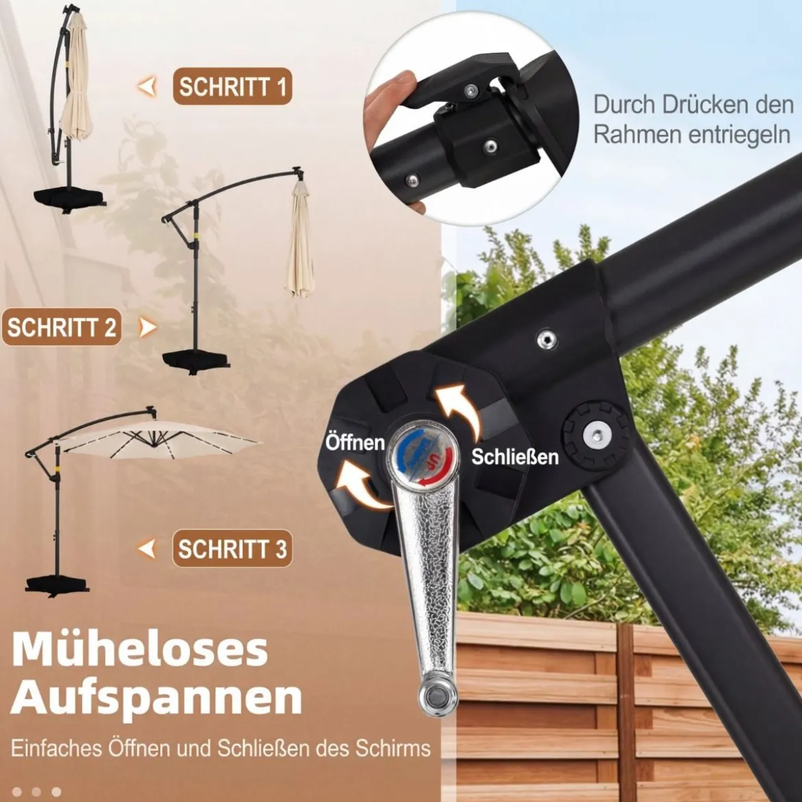Sonnenschirm mit Ständer & LED-Leuchten & Kurbel 360° Drehbar Ampelschirm Marktschirm