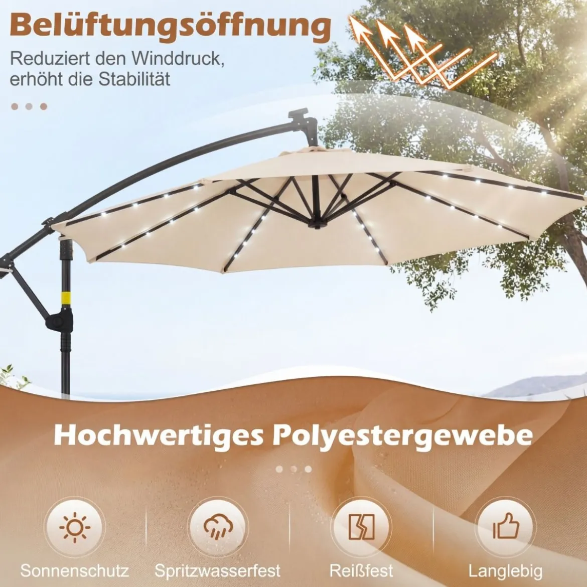 Sonnenschirm mit Ständer & LED-Leuchten & Kurbel 360° Drehbar Ampelschirm Marktschirm