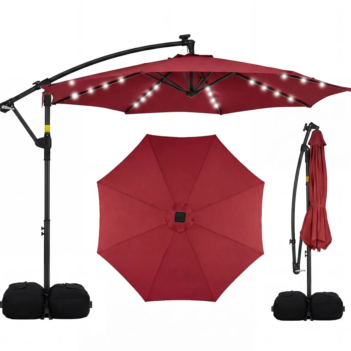 Sonnenschirm mit Ständer & LED-Leuchten & Kurbel 360° Drehbar Ampelschirm Marktschirm