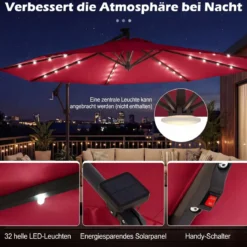 Sonnenschirm mit Ständer & LED-Leuchten & Kurbel 360° Drehbar Ampelschirm Marktschirm