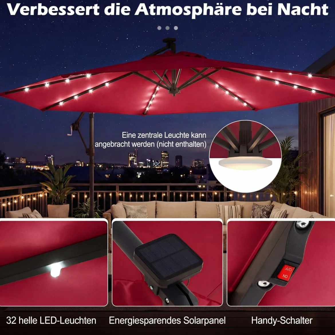 Sonnenschirm mit Ständer & LED-Leuchten & Kurbel 360° Drehbar Ampelschirm Marktschirm