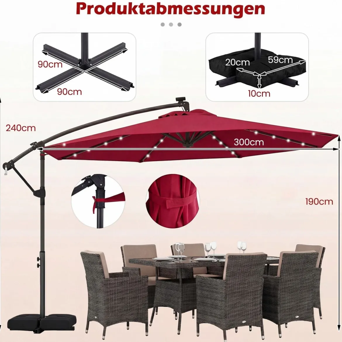 Sonnenschirm mit Ständer & LED-Leuchten & Kurbel 360° Drehbar Ampelschirm Marktschirm