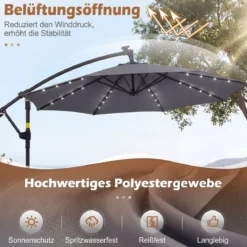 Sonnenschirm mit Ständer & LED-Leuchten & Kurbel 360° Drehbar Ampelschirm Marktschirm