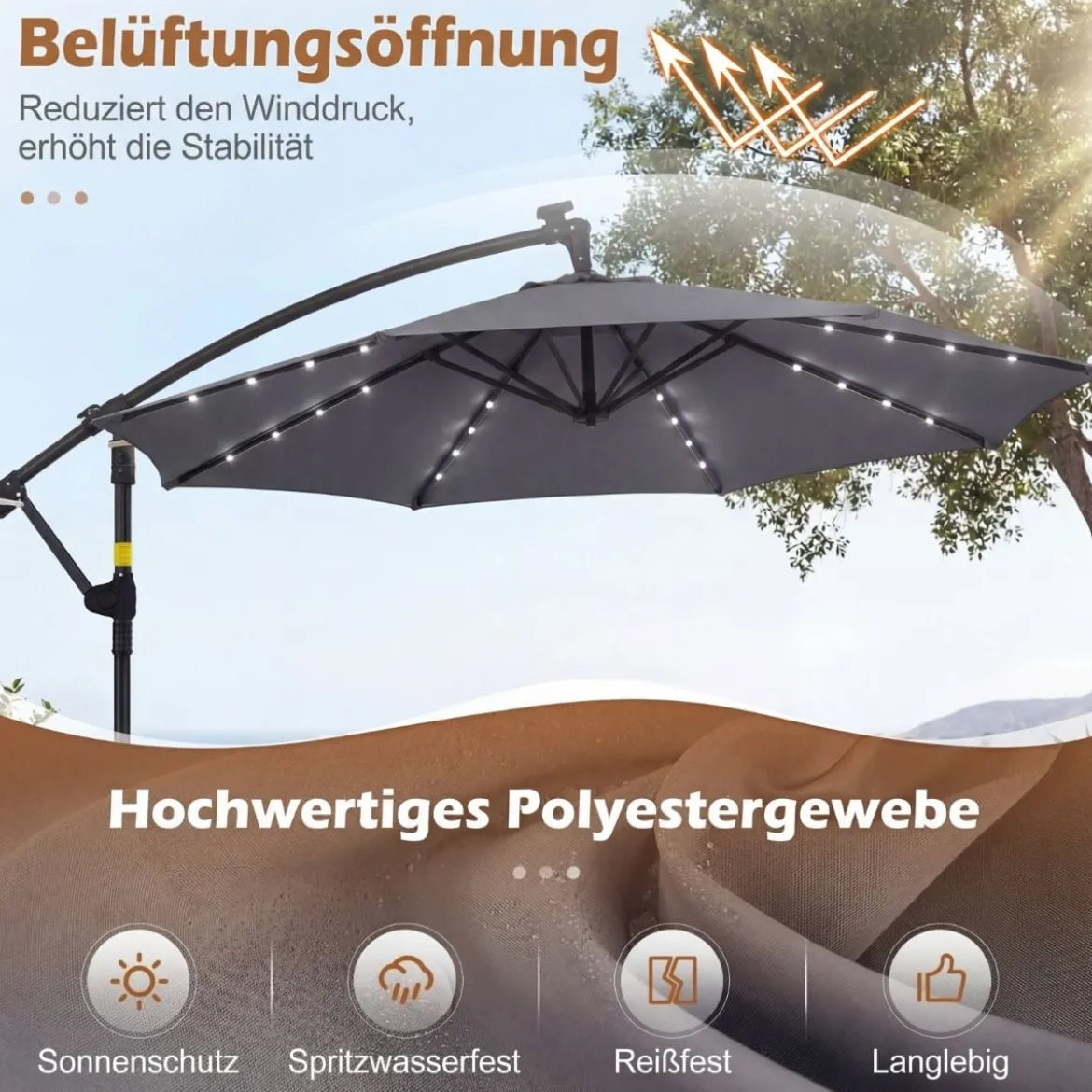 Sonnenschirm mit Ständer & LED-Leuchten & Kurbel 360° Drehbar Ampelschirm Marktschirm