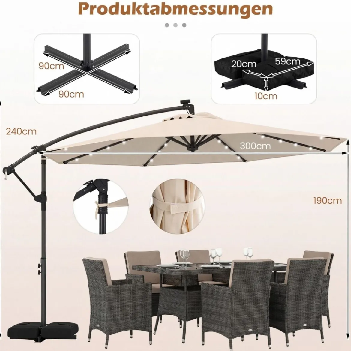 Sonnenschirm mit Ständer & LED-Leuchten & Kurbel 360° Drehbar Ampelschirm Marktschirm