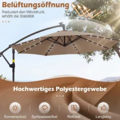 Sonnenschirm mit Ständer & LED-Leuchten & Kurbel 360° Drehbar Ampelschirm Marktschirm