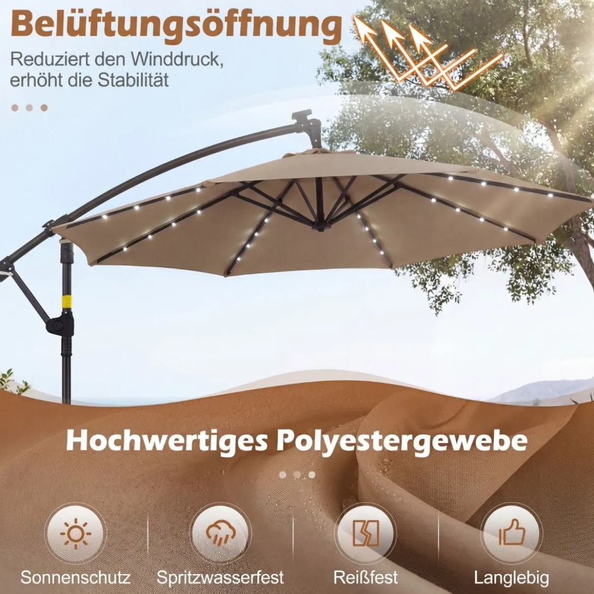 Sonnenschirm mit Ständer & LED-Leuchten & Kurbel 360° Drehbar Ampelschirm Marktschirm