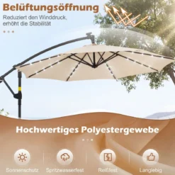 Sonnenschirm mit Ständer & LED-Leuchten & Kurbel 360° Drehbar Ampelschirm Marktschirm