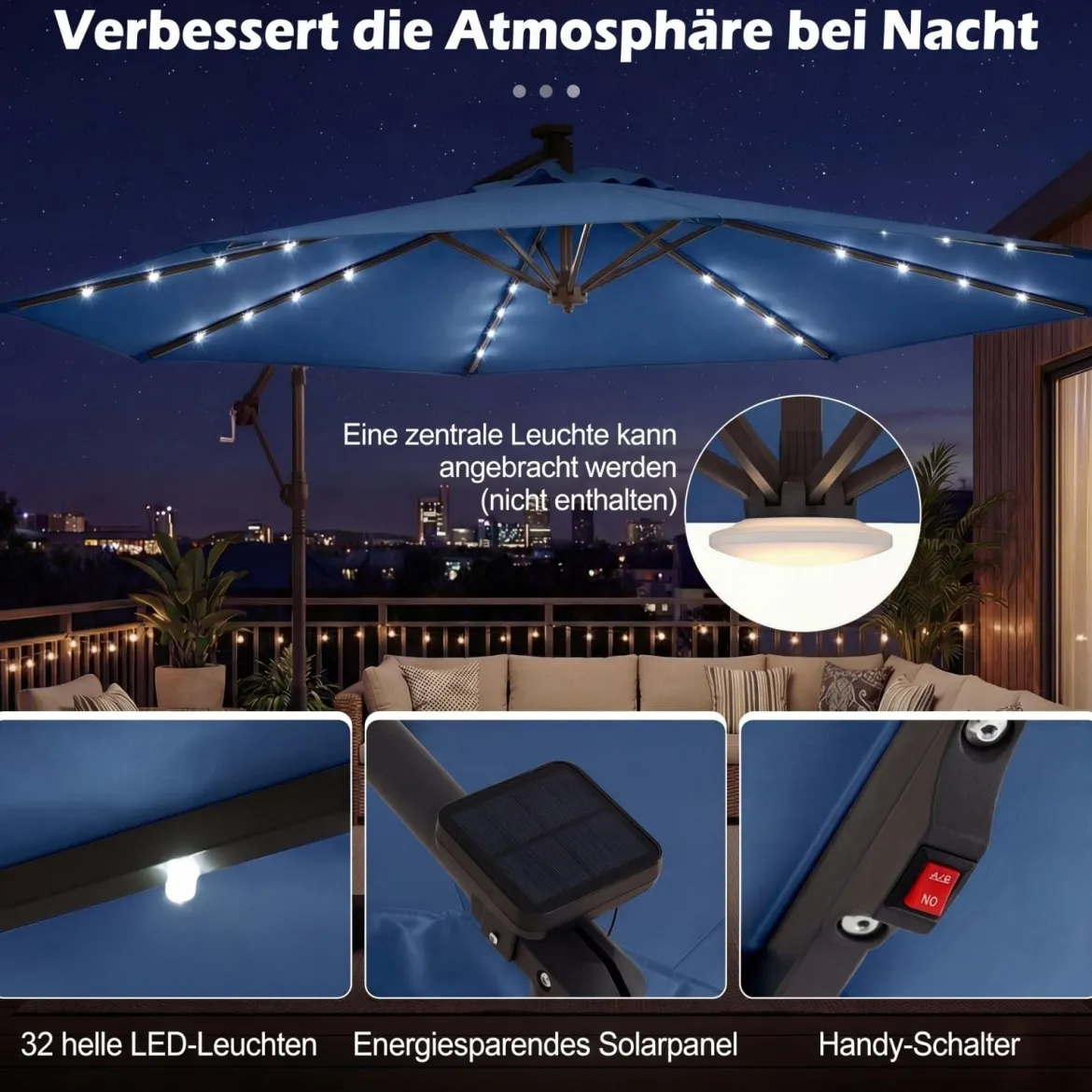 Sonnenschirm mit Ständer & LED-Leuchten & Kurbel 360° Drehbar Ampelschirm Marktschirm