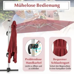 Sonnenschirm rechteckig 300 x 300 cm großer Ampelschirm mit Kurbel Weinrot