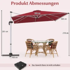 Sonnenschirm rechteckig 300 x 300 cm großer Ampelschirm mit Kurbel Weinrot