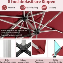 Sonnenschirm rechteckig 300 x 300 cm großer Ampelschirm mit Kurbel Weinrot