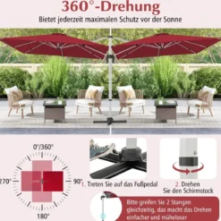 Sonnenschirm rechteckig 300 x 300 cm großer Ampelschirm mit Kurbel Weinrot