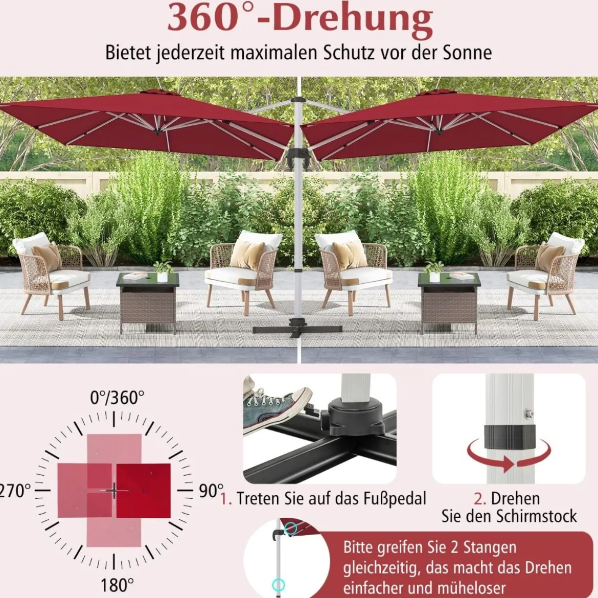 Sonnenschirm rechteckig 300 x 300 cm großer Ampelschirm mit Kurbel Weinrot