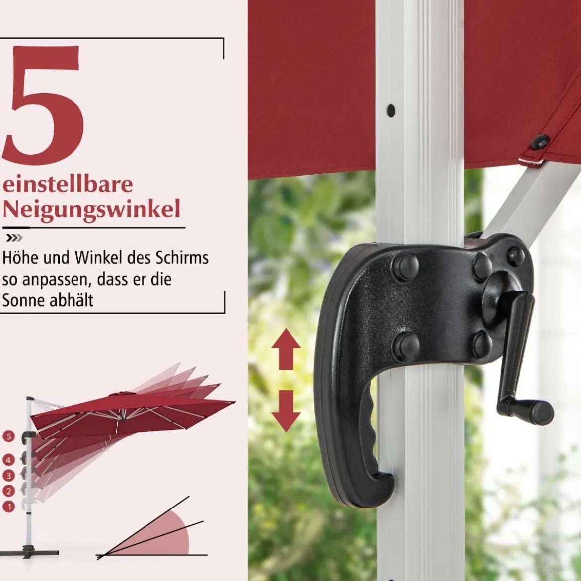 Sonnenschirm rechteckig 300 x 300 cm großer Ampelschirm mit Kurbel Weinrot