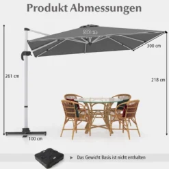 Sonnenschirm rechteckig 300 x 300 cm großer Ampelschirm mit Kurbel Grau