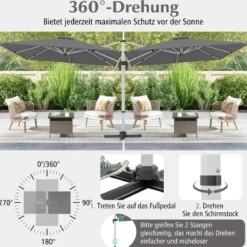 Sonnenschirm rechteckig 300 x 300 cm großer Ampelschirm mit Kurbel Grau