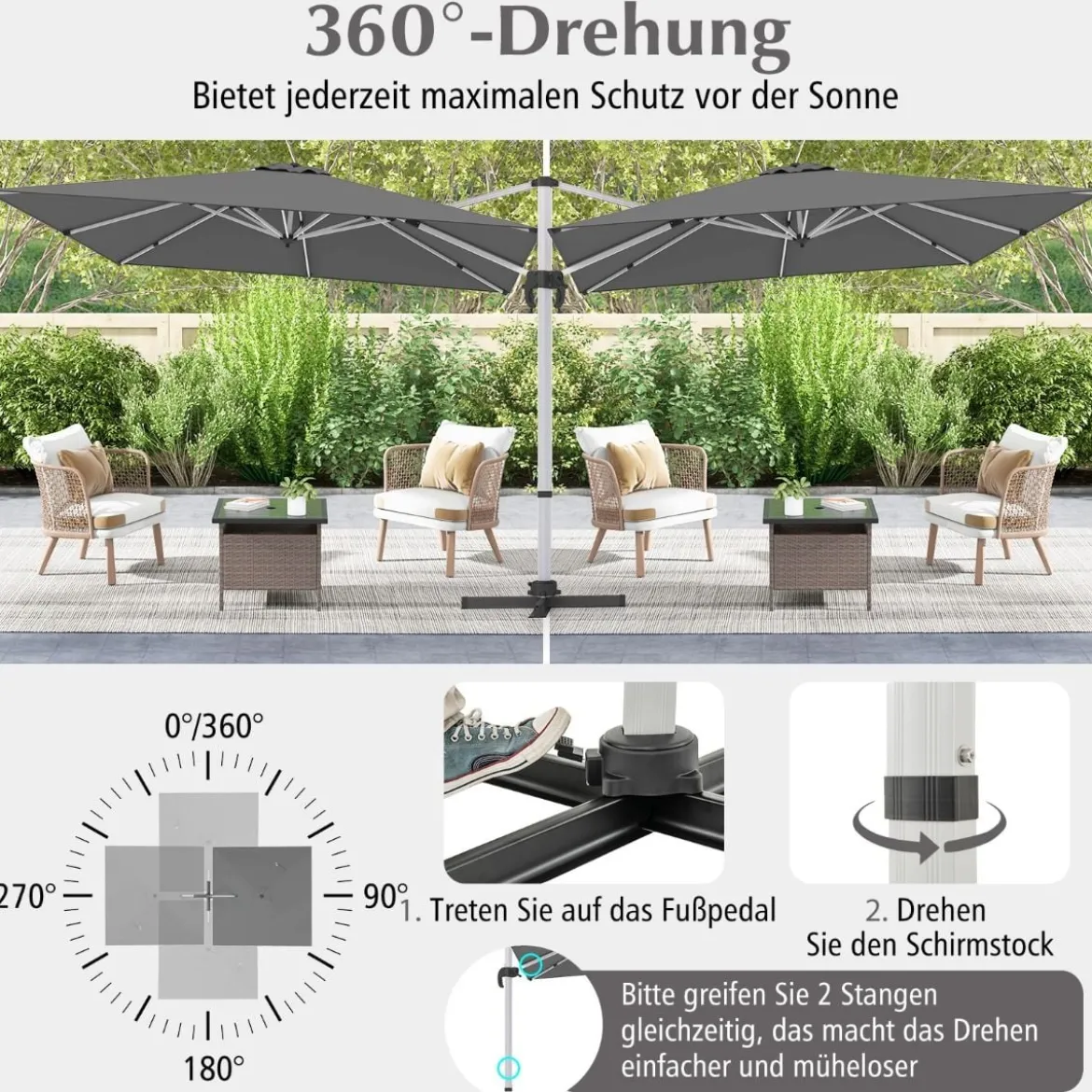 Sonnenschirm rechteckig 300 x 300 cm großer Ampelschirm mit Kurbel Grau