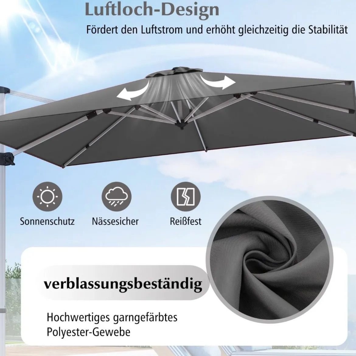 Sonnenschirm rechteckig 300 x 300 cm großer Ampelschirm mit Kurbel Grau