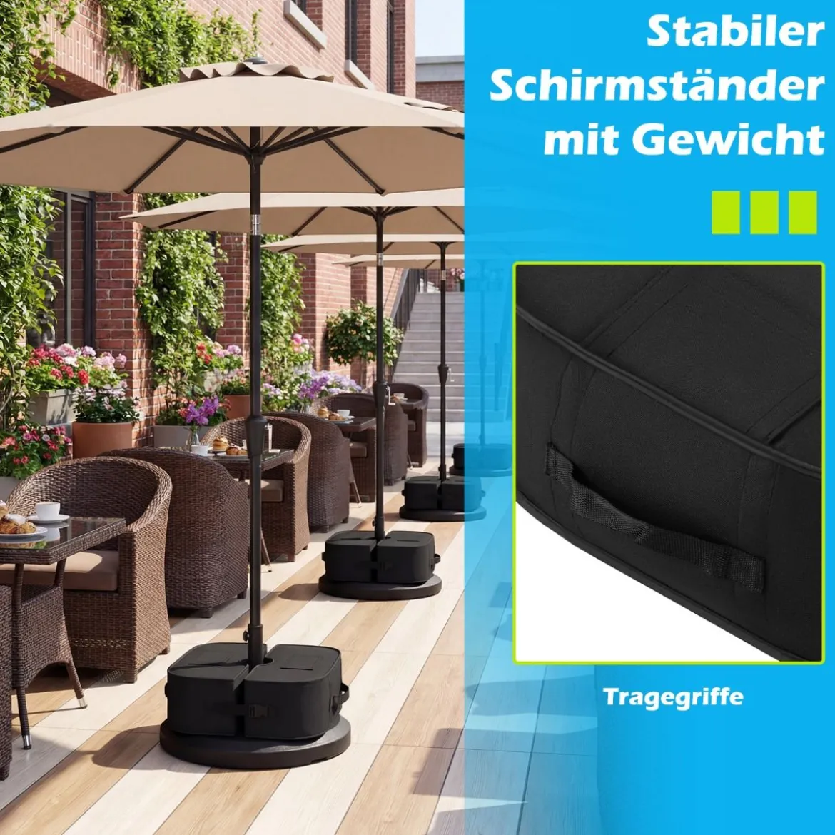 Sonnenschirmständer 40 kg Befüllbar mit Sand Tragbarer Schirmständer Schirmhalter Schwarz