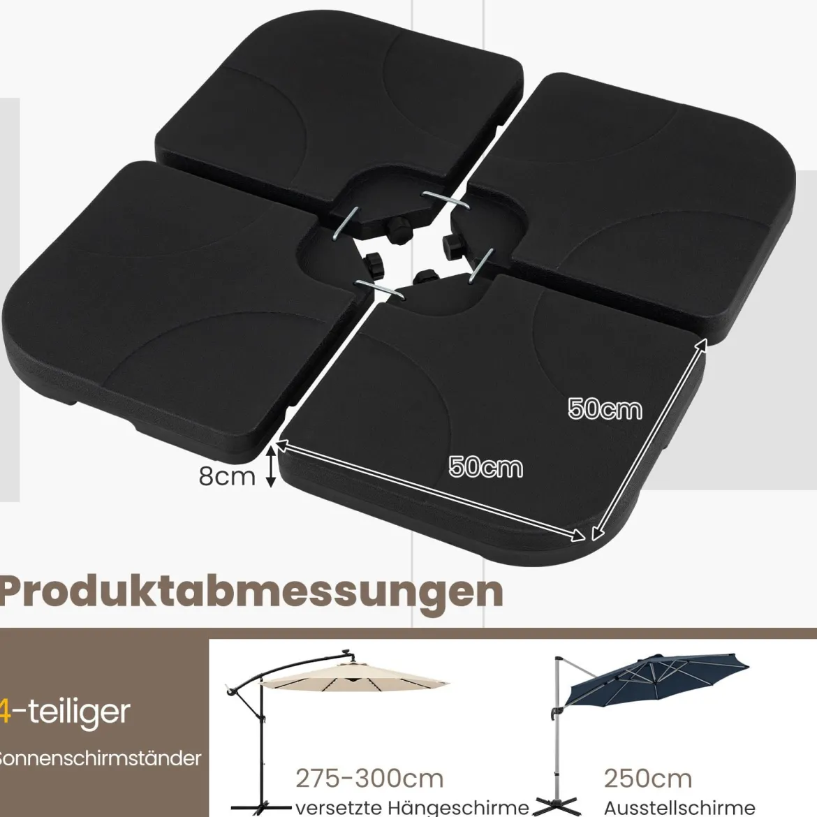 Sonnenschirmständer 60 L / 68 kg befüllbar mit Wasser oder Sand Schwarz 50 x 50 cm