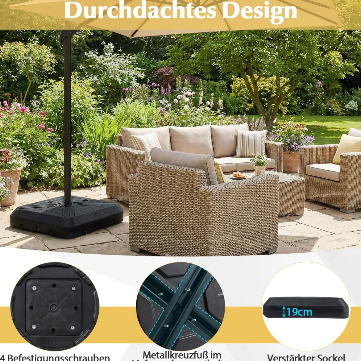 Sonnenschirmständer mit Rollen befüllbar Schwerlast Metall Querträger 81cm quadratisch