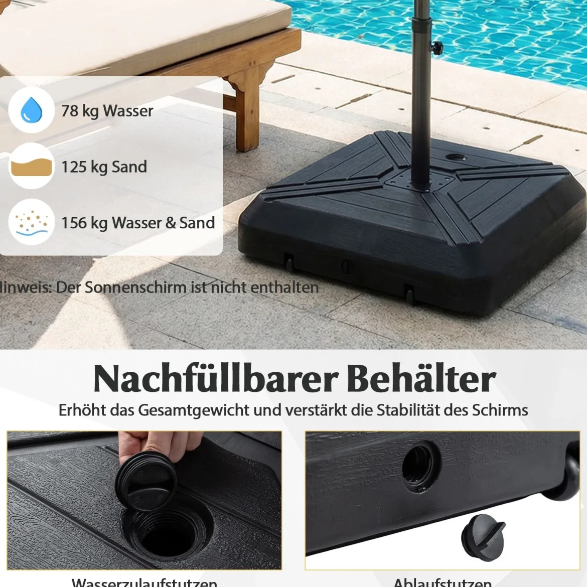 Sonnenschirmständer mit Rollen befüllbar Schwerlast Metall Querträger 81cm quadratisch