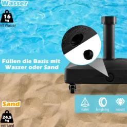 Sonnenschirmständer mit Rollen Schirmständer befüllbar mit Wasser oder Sand 45 x 44 x 40 cm Schwarz