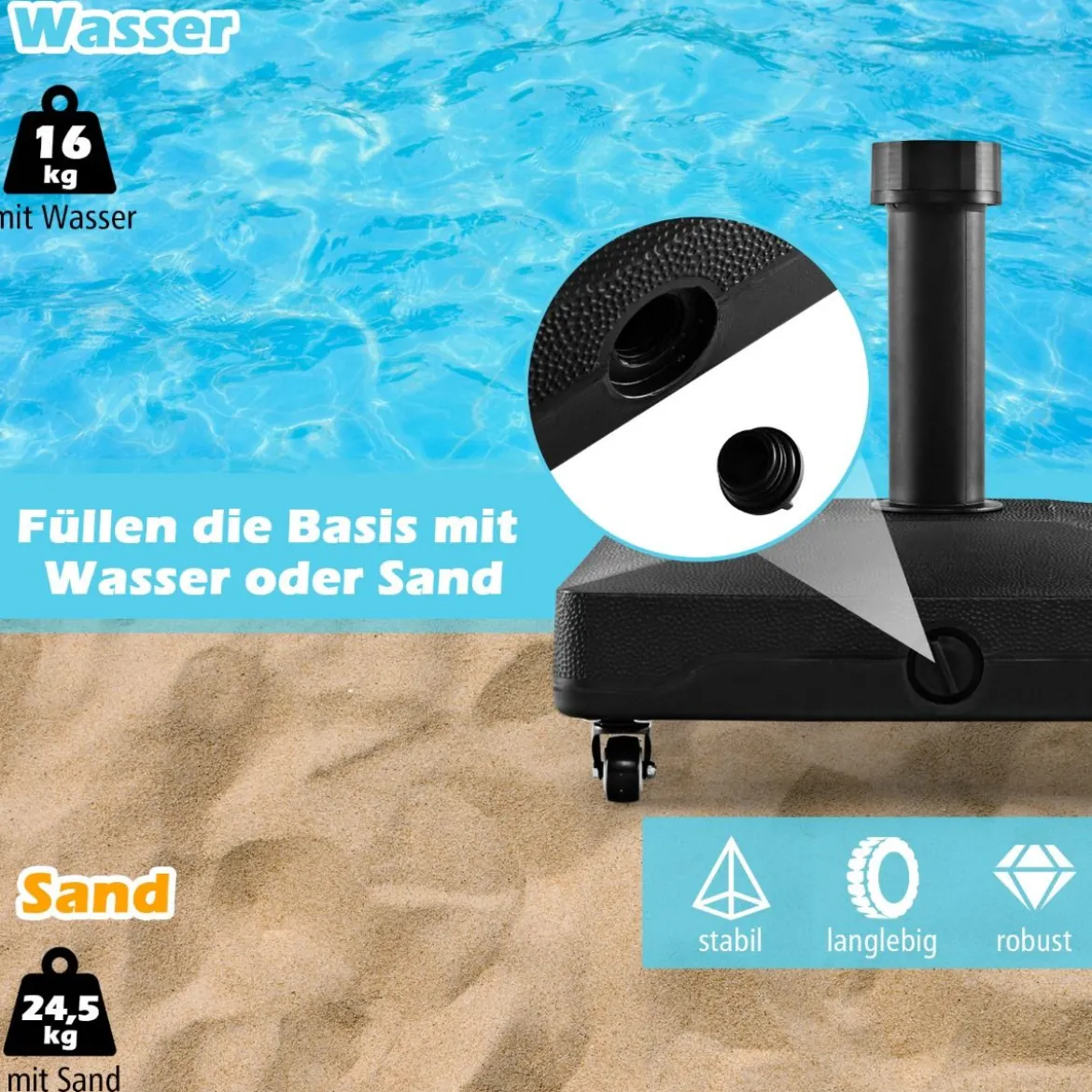 Sonnenschirmständer mit Rollen Schirmständer befüllbar mit Wasser oder Sand 45 x 44 x 40 cm Schwarz