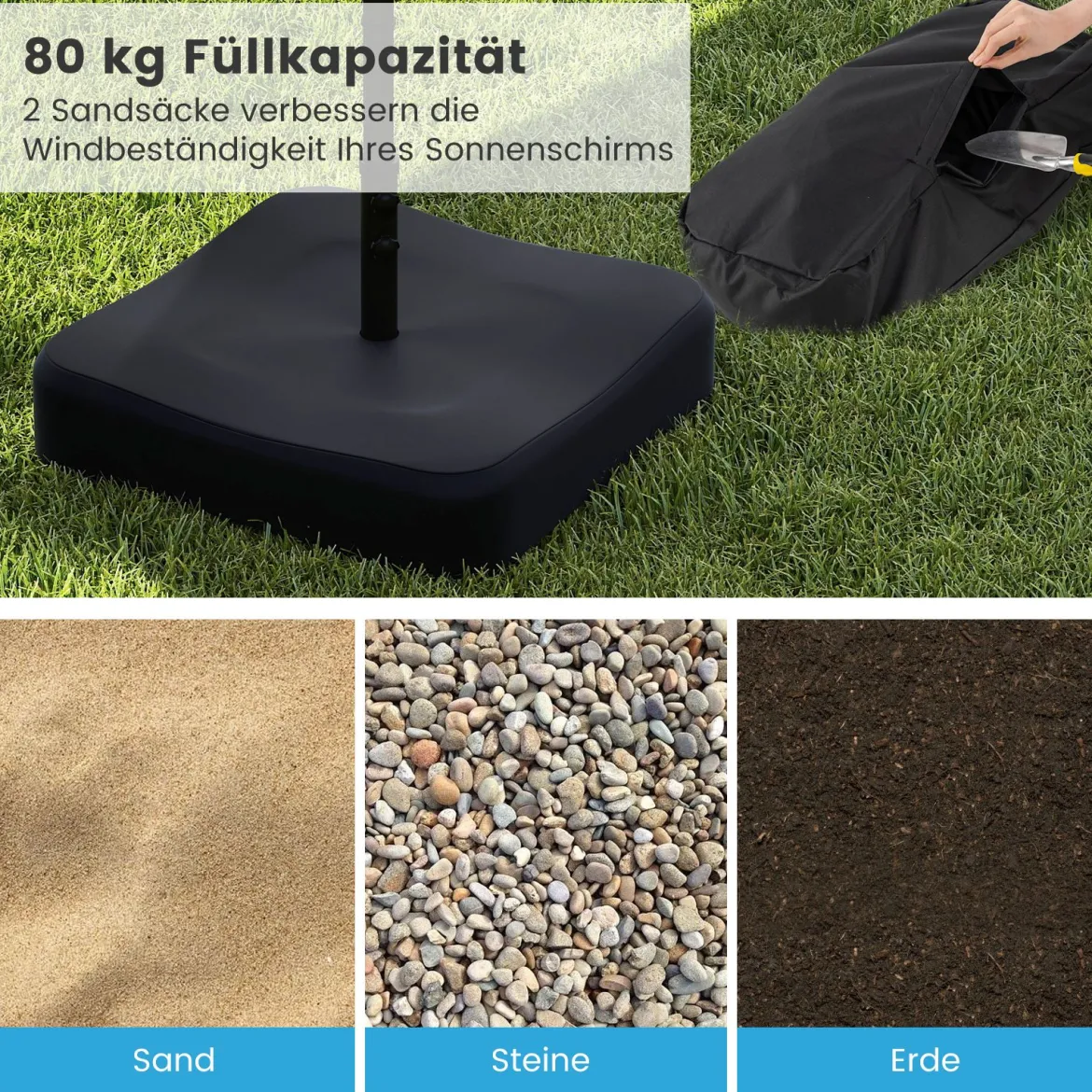 Sonnenschirmständer mit Sandsäcken (80 kg Füllkapazität) & 2 Feststellknöpfen Schirmständer