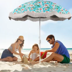 Sonnenschirm Strand Strandschirm mit Fransen UPF 50+ 30° knickbar Terrassenschirm mit Erdspieß