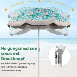 Sonnenschirm Strand Strandschirm mit Fransen UPF 50+ 30° knickbar Terrassenschirm mit Erdspieß