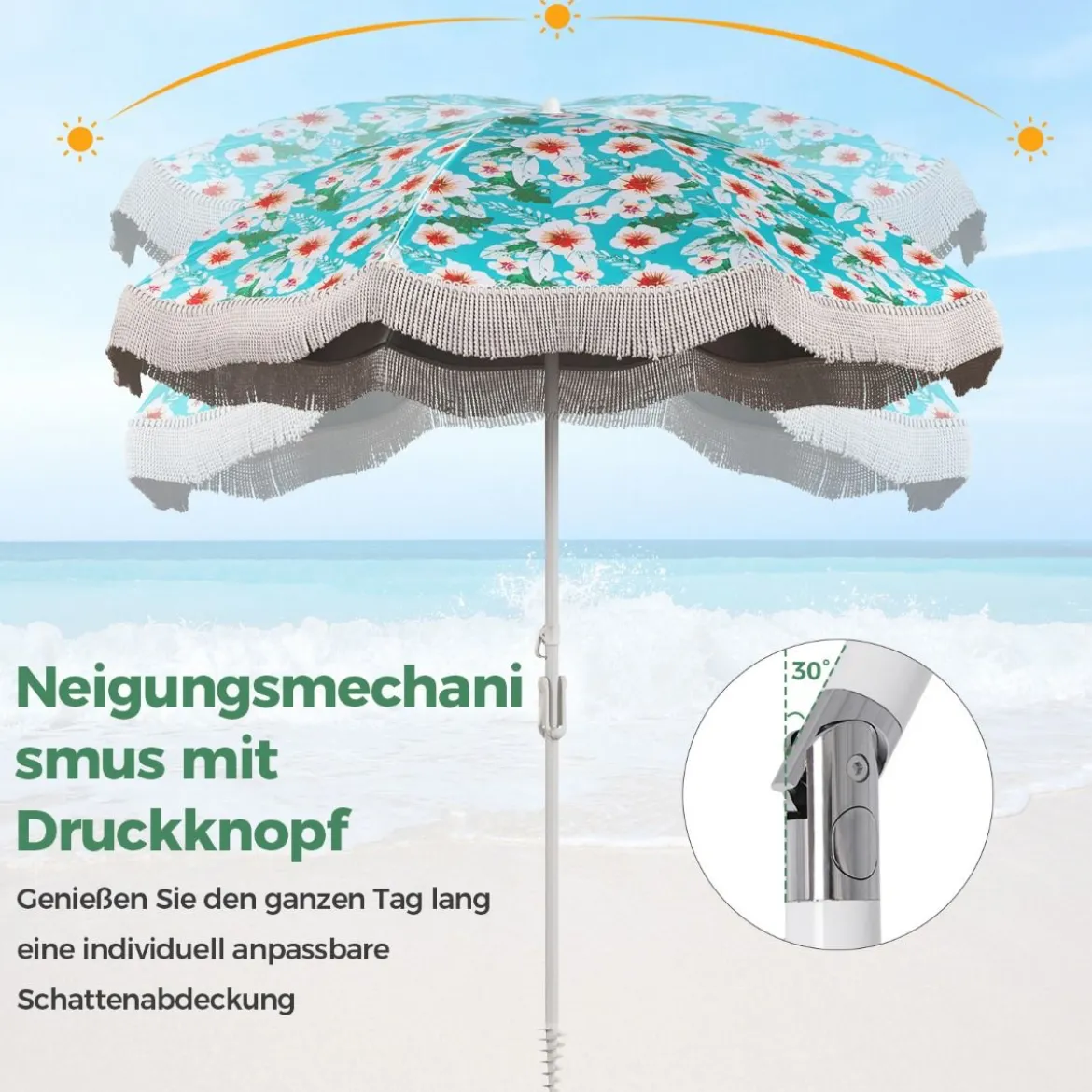 Sonnenschirm Strand Strandschirm mit Fransen UPF 50+ 30° knickbar Terrassenschirm mit Erdspieß