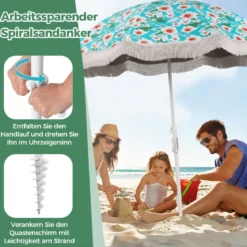 Sonnenschirm Strand Strandschirm mit Fransen UPF 50+ 30° knickbar Terrassenschirm mit Erdspieß