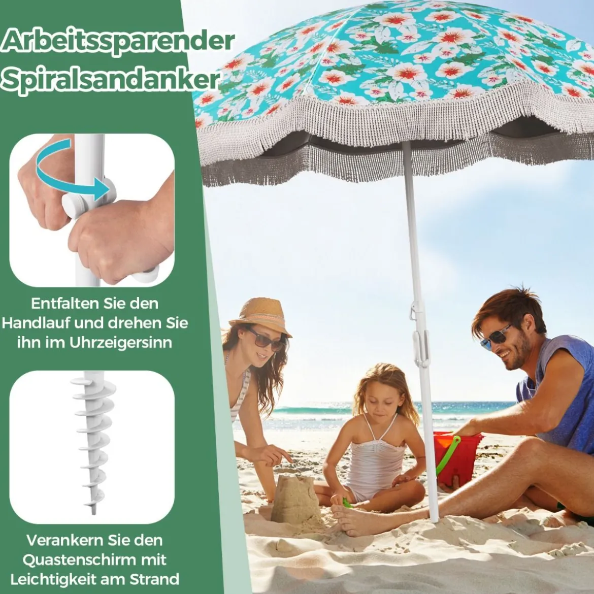 Sonnenschirm Strand Strandschirm mit Fransen UPF 50+ 30° knickbar Terrassenschirm mit Erdspieß