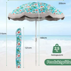 Sonnenschirm Strand Strandschirm mit Fransen UPF 50+ 30° knickbar Terrassenschirm mit Erdspieß
