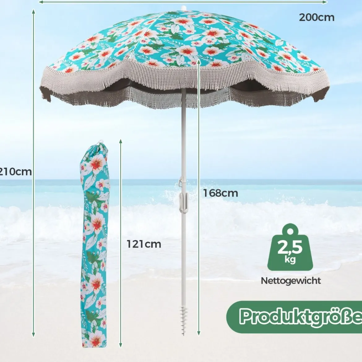 Sonnenschirm Strand Strandschirm mit Fransen UPF 50+ 30° knickbar Terrassenschirm mit Erdspieß
