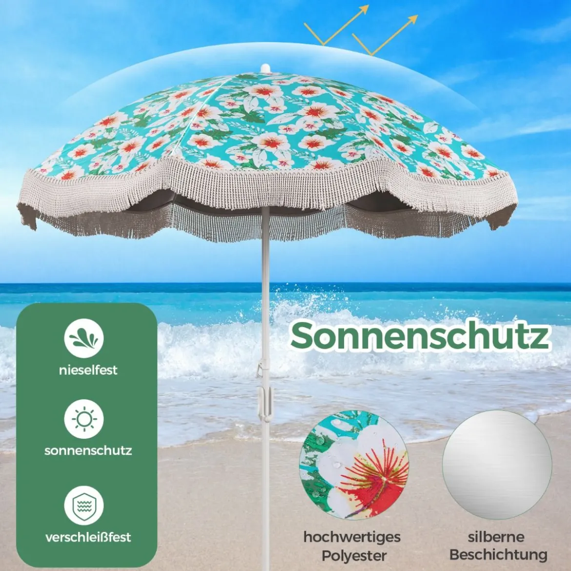 Sonnenschirm Strand Strandschirm mit Fransen UPF 50+ 30° knickbar Terrassenschirm mit Erdspieß