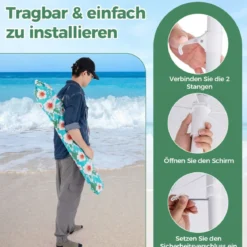 Sonnenschirm Strand Strandschirm mit Fransen UPF 50+ 30° knickbar Terrassenschirm mit Erdspieß