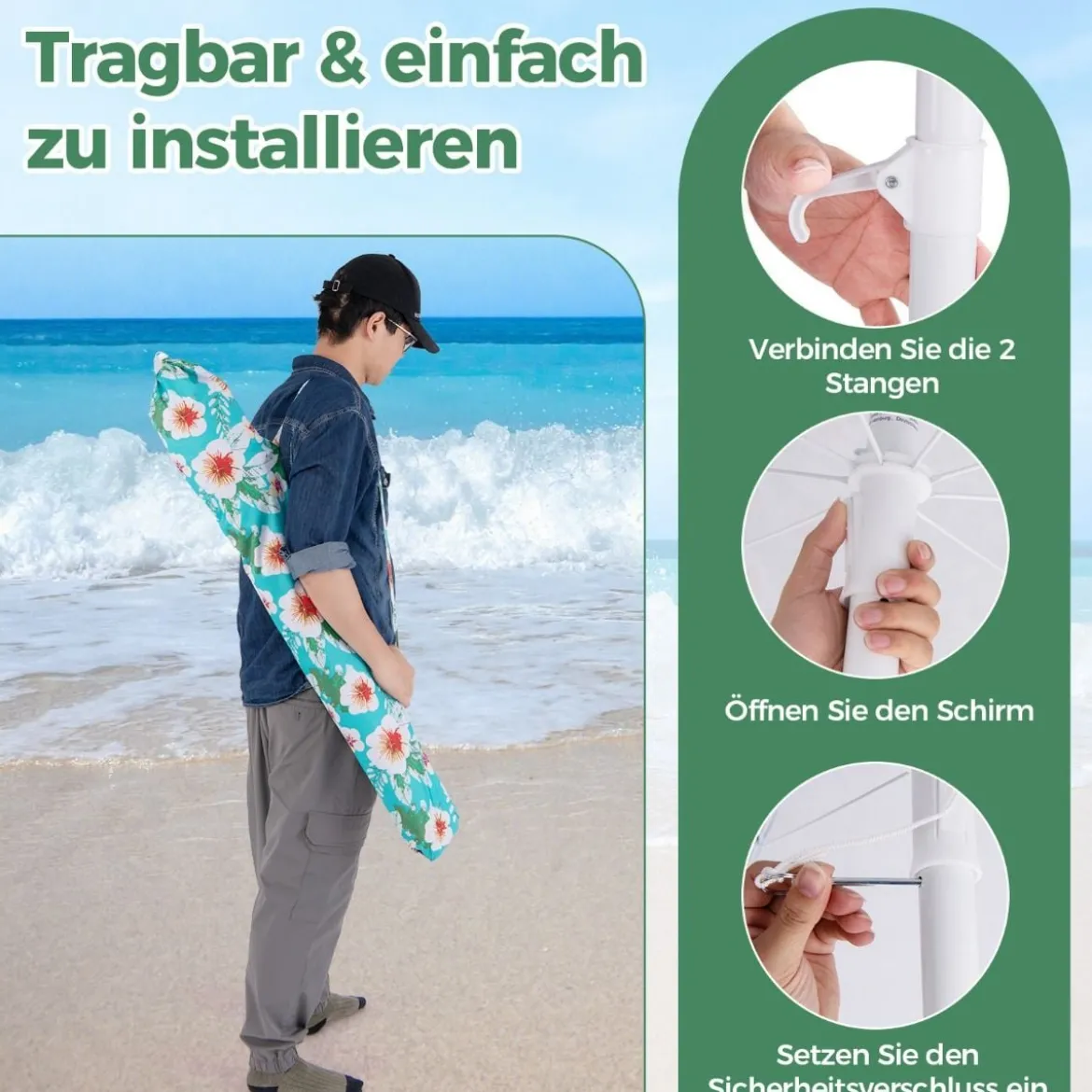 Sonnenschirm Strand Strandschirm mit Fransen UPF 50+ 30° knickbar Terrassenschirm mit Erdspieß