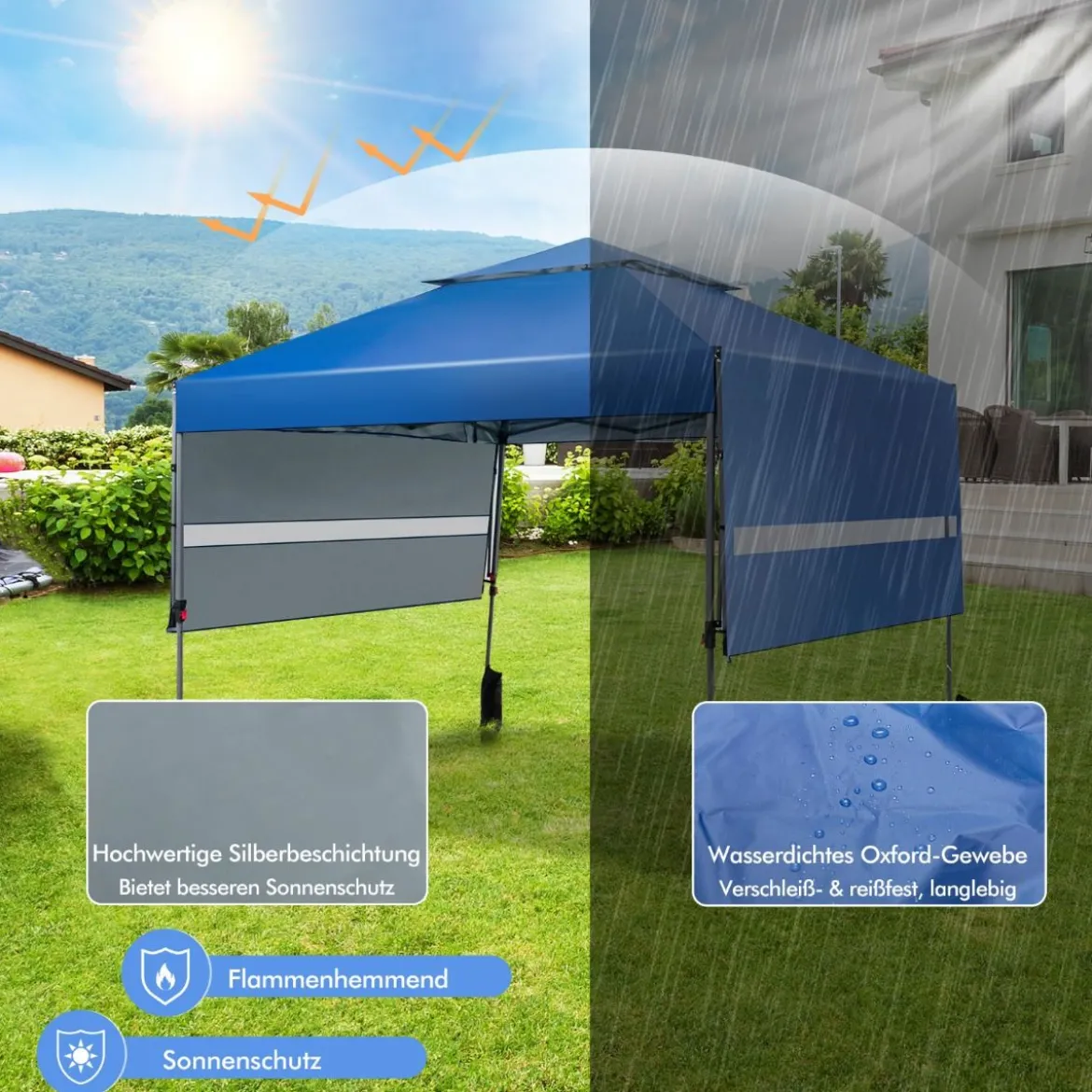 Sonnenschutzzelt Aufklappbares Überdachungszelt 300 x 537 x 270-290 cm Blau