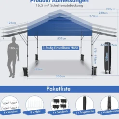 Sonnenschutzzelt Aufklappbares Überdachungszelt 300 x 537 x 270-290 cm Blau