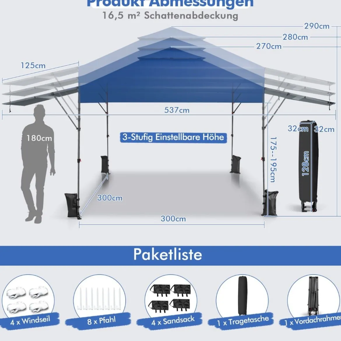 Sonnenschutzzelt Aufklappbares Überdachungszelt 300 x 537 x 270-290 cm Blau