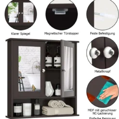 Spiegelschrank Badezimmer Badschrank mit Spiegel Badezimmerschrank mit höhenverstellbarer Ablage Badezimmerspiegel Braun