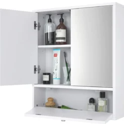 Spiegelschrank Bad Wandschrank mit Spiegel Badezimmerspiegelschrank Hängeschrank Holz Weiß 54 x 14 x 62 cm