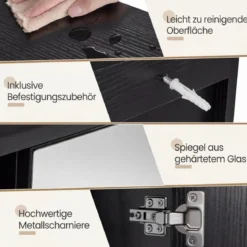 Spiegelschrank mit Offenen Fächern & Verstellbaren Ablagen Badschrank mit Spielgeltür Schwarz