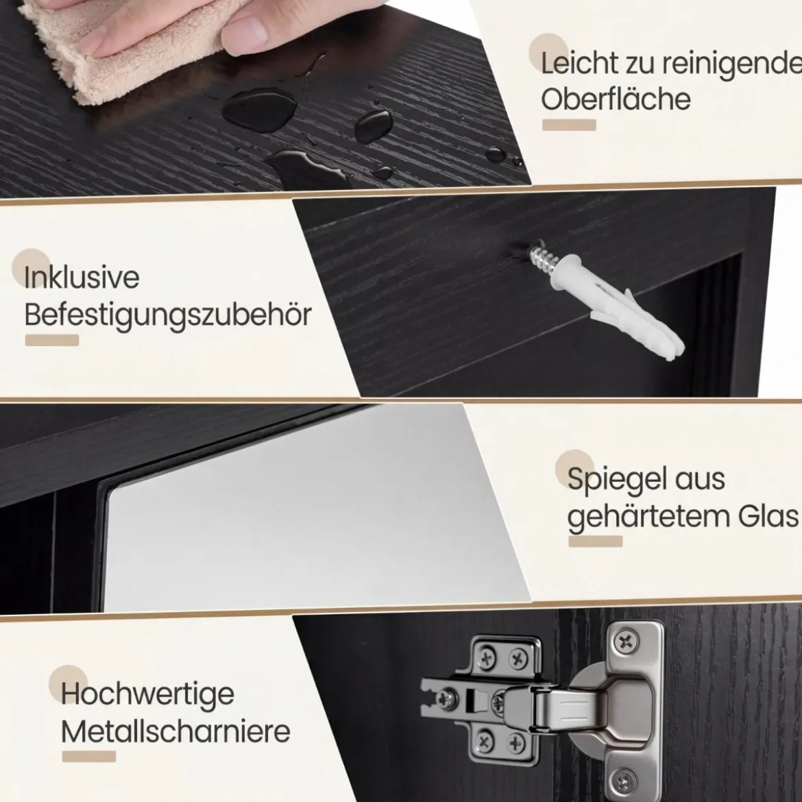 Spiegelschrank mit Offenen Fächern & Verstellbaren Ablagen Badschrank mit Spielgeltür Schwarz
