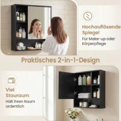 Spiegelschrank mit Offenen Fächern & Verstellbaren Ablagen Badschrank mit Spielgeltür Schwarz