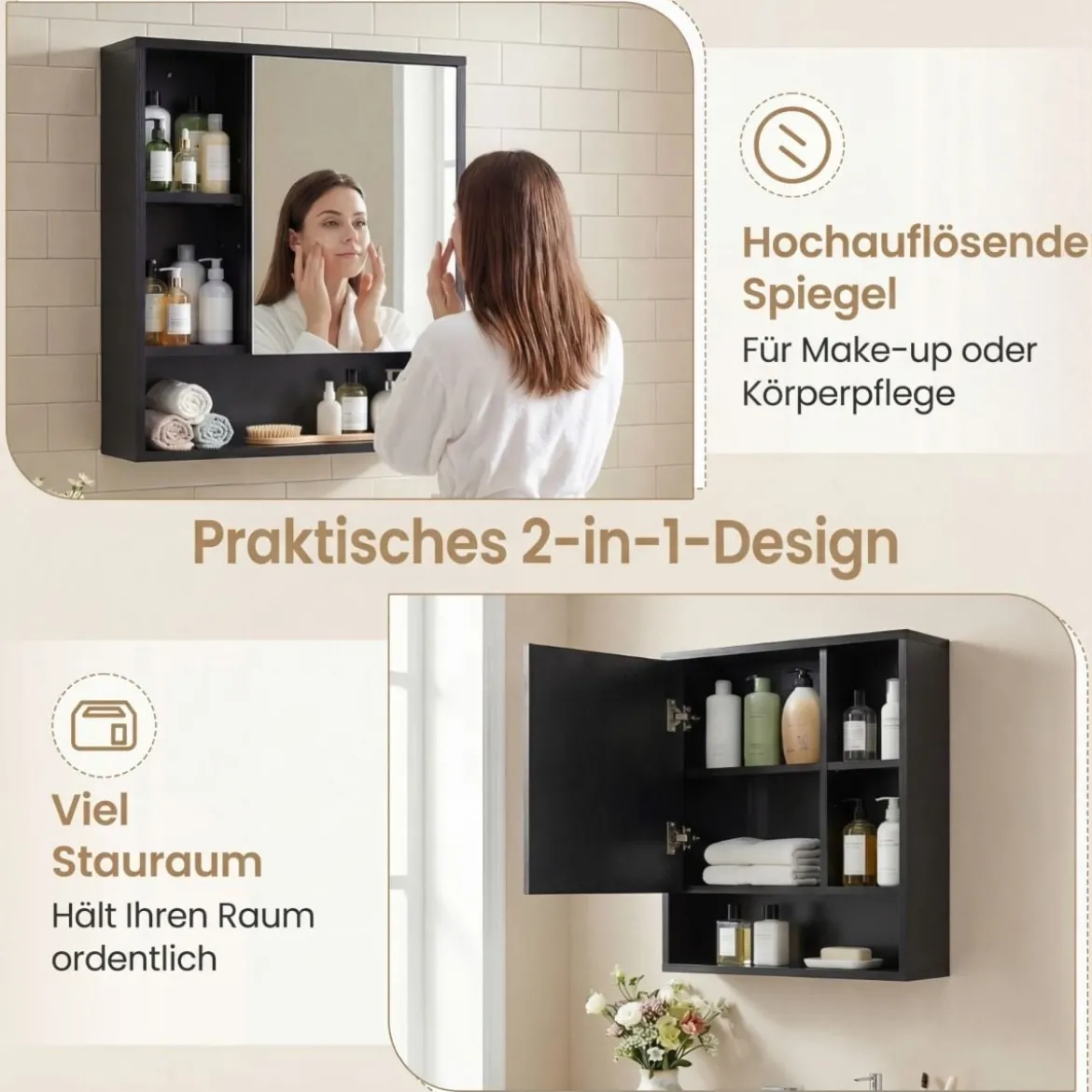 Spiegelschrank mit Offenen Fächern & Verstellbaren Ablagen Badschrank mit Spielgeltür Schwarz