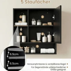 Spiegelschrank mit Offenen Fächern & Verstellbaren Ablagen Badschrank mit Spielgeltür Schwarz